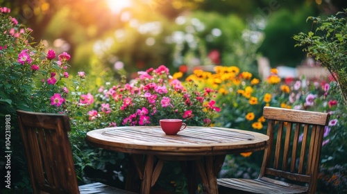 A red cup of coffee sits on a wooden table in a garden with blooming flowers.
