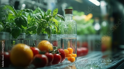 Closeup of fresh produce with herbs, lemons, and tomatoes in a modern kitchen.