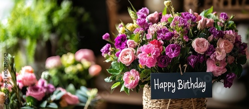 A bouquet of pink and purple flowers with a sign that says 