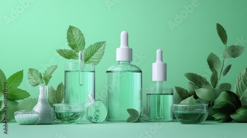 Green beauty products with leaves on a green background.