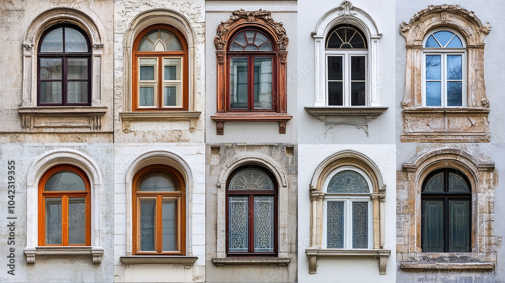 Obraz premium Arched Windows Ornate Facade Historic Building Architectural Detail Vintage Charm