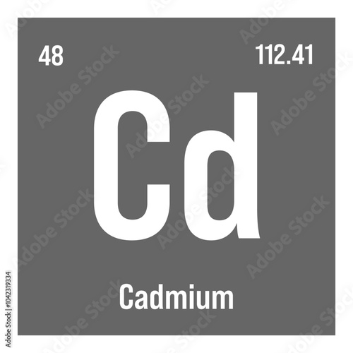 Cadmium, Cd, periodic table element with name, symbol, atomic number and weight. Heavy metal with limited industrial uses due to its toxicity, but commonly used in batteries, pigments, and