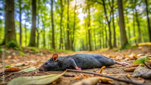 Dead black and small desman in the forest at a tilted angle during springtime photo