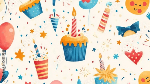 Seamless pattern with birthday cake, balloons, candles, confetti, and stars on white background.