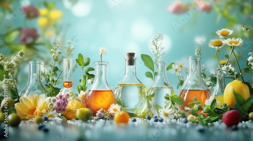 A row of glass bottles filled with various liquids, surrounded by flowers, fruits, and herbs on a wooden table, with a blurred blue background.