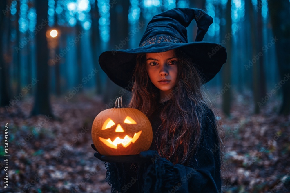 A young girl dressed as a witch holding a pumpkin lantern in a spooky forest at night 2 A young girl dressed as a witch holding a pumpkin lantern in a spooky forest at night 2
