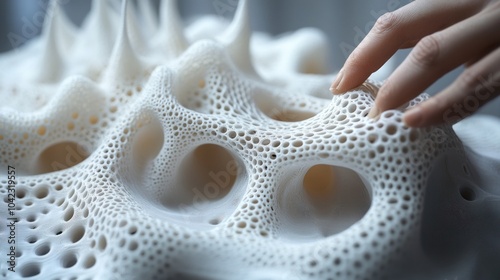 A hand gently touches a 3D printed model with a textured, organic surface.