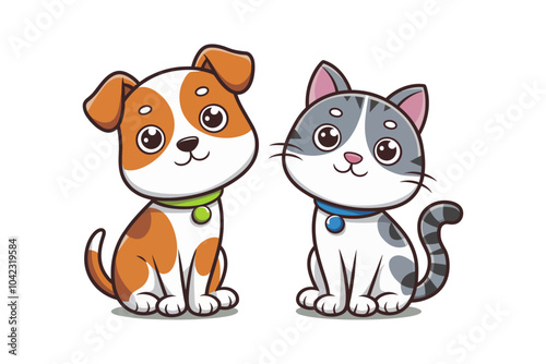 Cute Vector Illustration of a Dog and Cat Characters Sitting Together