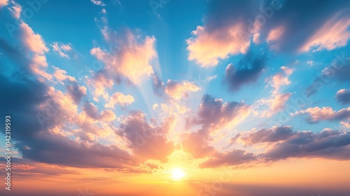 A vibrant sunset with orange, pink, and blue hues fills the sky with fluffy clouds and golden rays of sunlight.