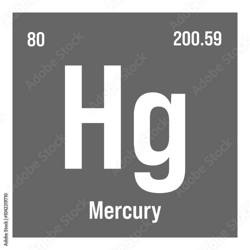 Mercury, Hg, periodic table element with name, symbol, atomic number and weight. Heavy metal with various industrial uses, such as in thermometers, electrical switches, and as a component in certain