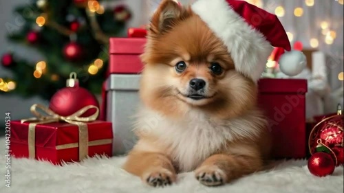 Christmas animation of an cute Spitz puppy wearing Santa hat and lsitting with christmas gifts at festive bokeh background. photo