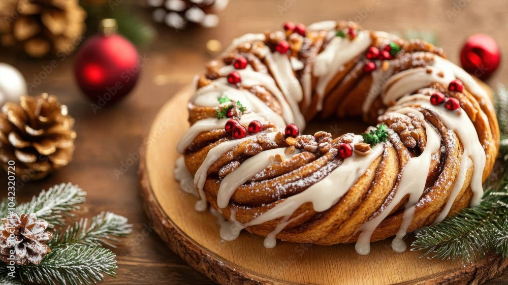 A creative cinnamon roll Christmas wreath, arranged in a circular shape with a drizzle of white icing and sprinkled with festive toppings A creative cinnamon roll Christmas wreath, arranged in a circular shape with a drizzle of white icing and sprinkled with festive toppings
