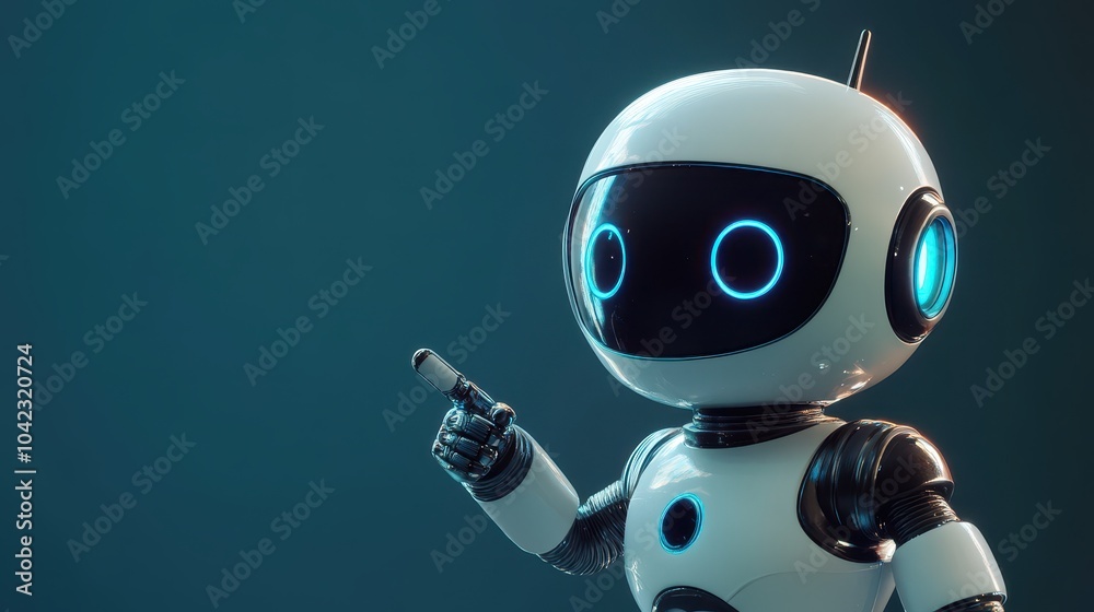 Positive cute robot pointing at a space. Copy space, ai generated Positive cute robot pointing at a space. Copy space, ai generated