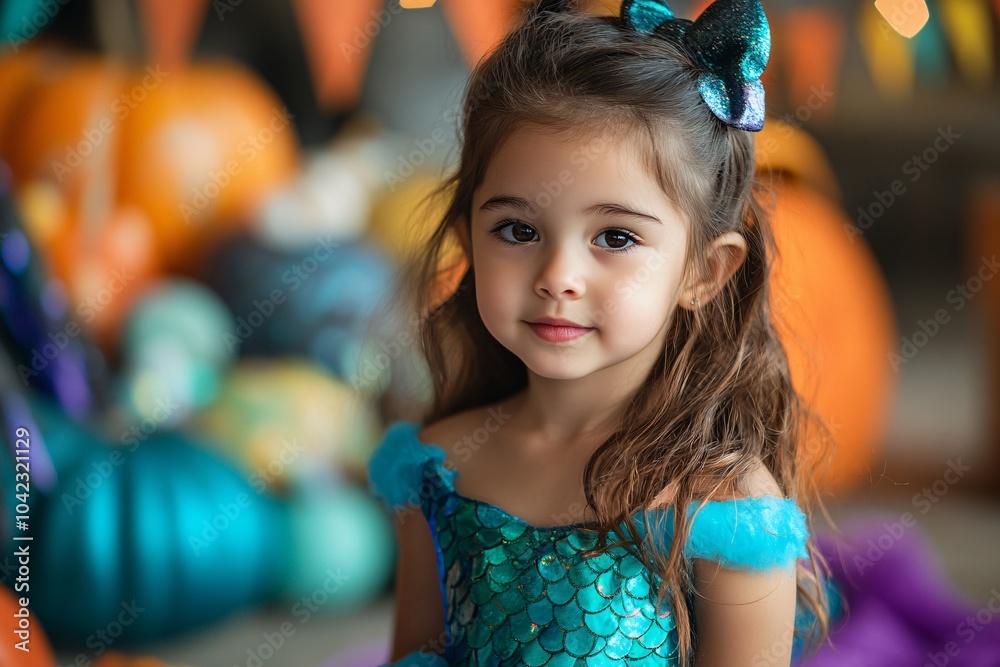 A little girl dressed as a mermaid in a colorful, with Halloween decorations 1 A little girl dressed as a mermaid in a colorful, with Halloween decorations 1