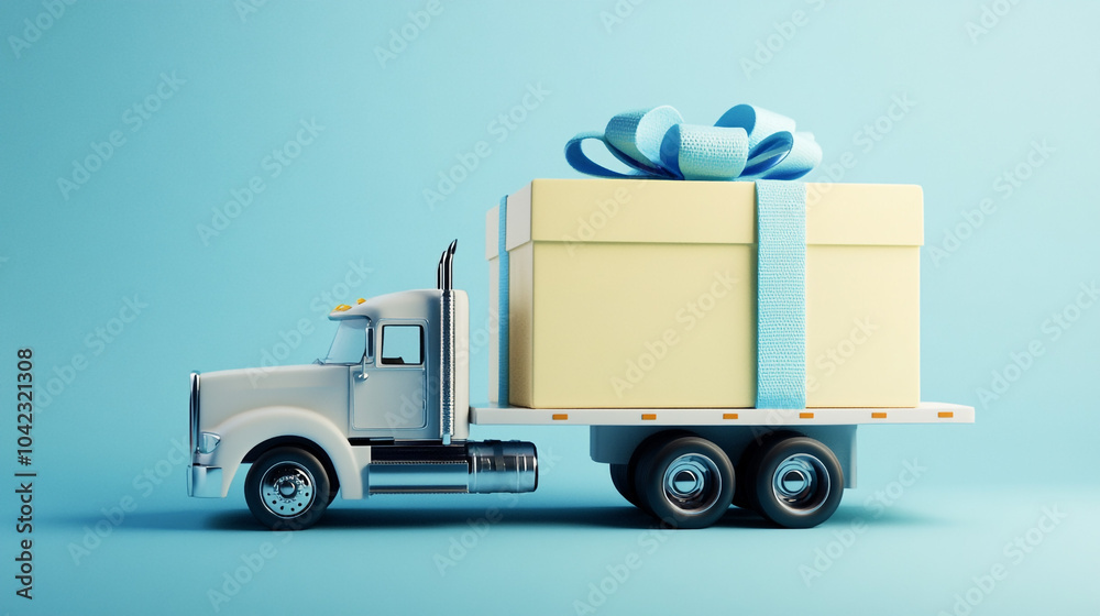 Semi Truck Delivering a Large Gift Box with Blue Ribbon Semi Truck Delivering a Large Gift Box with Blue Ribbon