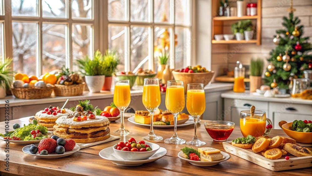 Elegant New Year\'s Day brunch featuring mimosas, fresh fruit, and gourmet dishes in a cozy kitchen setting Elegant New Year\'s Day brunch featuring mimosas, fresh fruit, and gourmet dishes in a cozy kitchen setting