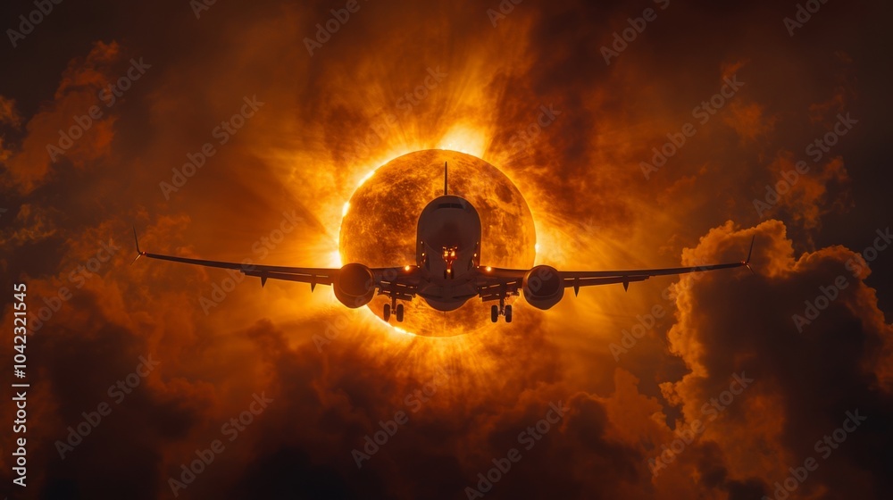 Generate 15 prompts for an airplane flying in front of the total solar eclipse with the wake of Generate 15 prompts for an airplane flying in front of the total solar eclipse with the wake of