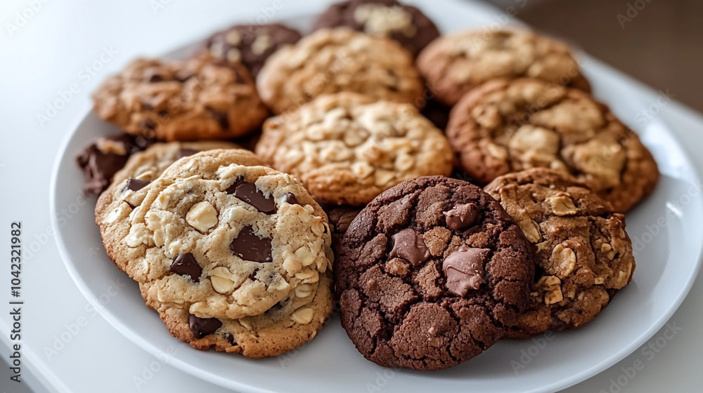 Delicious Homemade Chocolate Chip and Oatmeal Cookies on White Plate Delicious Homemade Chocolate Chip and Oatmeal Cookies on White Plate