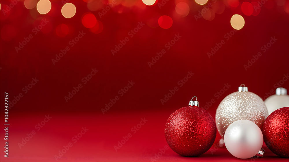 Red and white Christmas balls with bokeh lights on red background. New year decoration, Christmas celebration, festive atmosphere concept. For greeting card, banner and invitation Red and white Christmas balls with bokeh lights on red background. New year decoration, Christmas celebration, festive atmosphere concept. For greeting card, banner and invitation