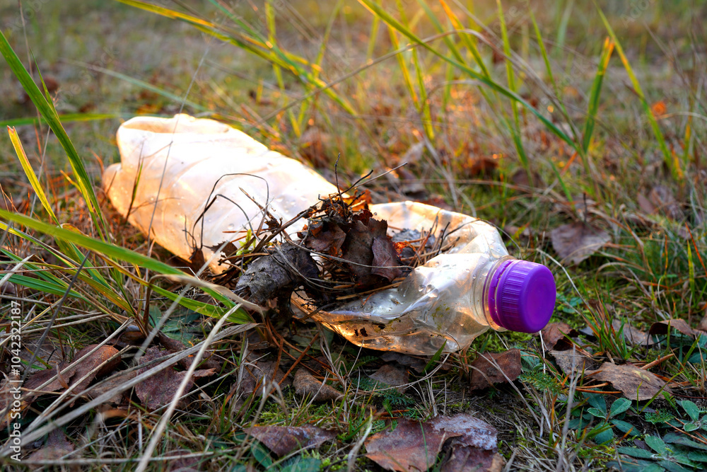 Obraz premium Plastic bottle thrown away in forest. Garbage in nature, reusable products. Rubbish thrown in forest. PET Plastic water bottle thrown out in nature. Waste in nature. Abandoned pet garbage waste.