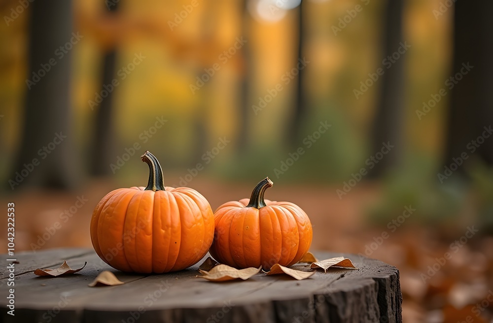 Two vibrant pumpkins sit atop a wooden stump in a serene forest setting. Surrounding them are colorful autumn leaves, showcasing the beauty of the season Two vibrant pumpkins sit atop a wooden stump in a serene forest setting. Surrounding them are colorful autumn leaves, showcasing the beauty of the season