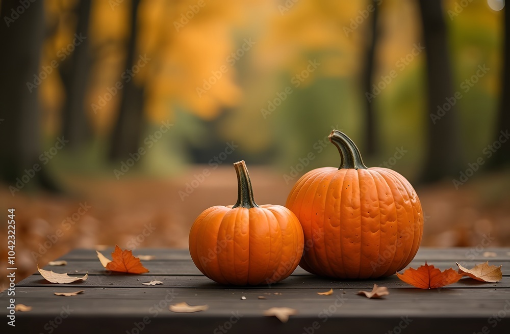 Two vibrant pumpkins rest on a wooden table surrounded by fallen leaves in a tranquil autumn forest, as rich colors illuminate the landscape during sunset Two vibrant pumpkins rest on a wooden table surrounded by fallen leaves in a tranquil autumn forest, as rich colors illuminate the landscape during sunset