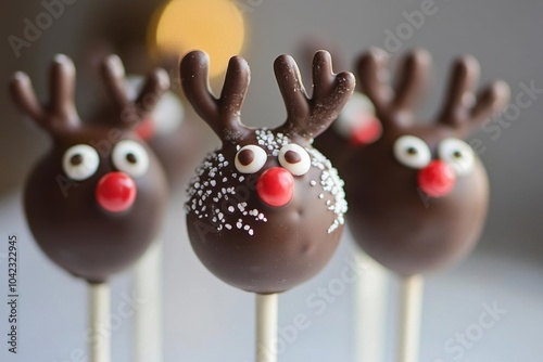 Fun and playful reindeerthemed cake pops, with chocolatecoated cake pops adorned with candy antlers and red noses photo