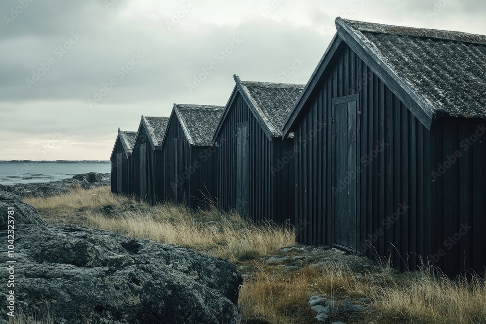 A row of dark charcoal fishing huts on the island of Fårö A row of dark charcoal fishing huts on the island of Fårö