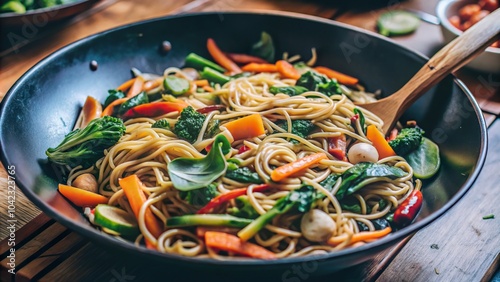 Sizzling wok noodles stir-fried with vibrant vegetables and fresh herbs in a kitchen setting during the afternoon