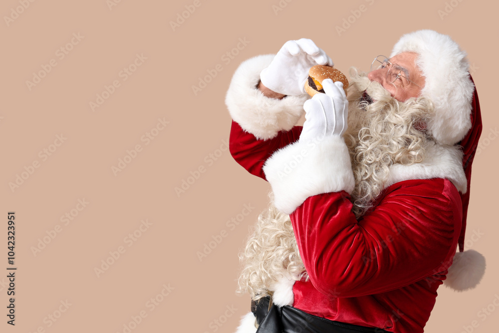 Fototapeta premium Santa Claus eating tasty burger on beige background