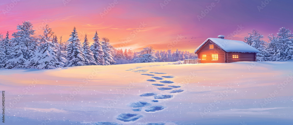 A serene snow-covered landscape at sunset, featuring a cozy cabin surrounded by trees, creating a peaceful winter scene. A serene snow-covered landscape at sunset, featuring a cozy cabin surrounded by trees, creating a peaceful winter scene.