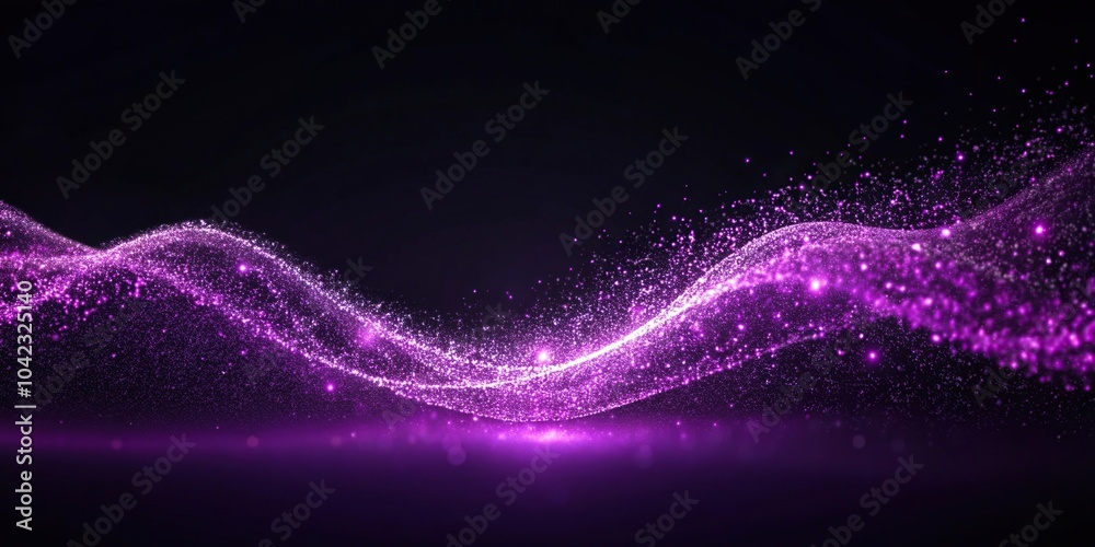 Fototapeta premium Deep violet luminous wave of particles in dark silhouette