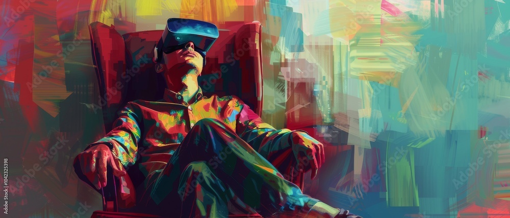 Fototapeta premium Digital art depicting a man seated in an armchair, immersed in a virtual reality experience while