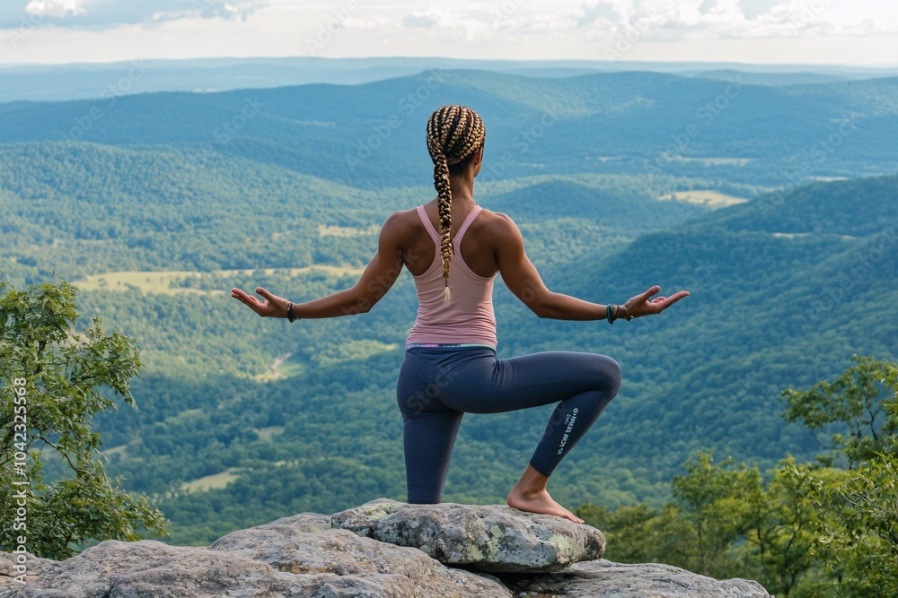 Young woman with braided hair, wearing a tank top and leggings, practicing yoga on a mountain overlook 1 Young woman with braided hair, wearing a tank top and leggings, practicing yoga on a mountain overlook 1