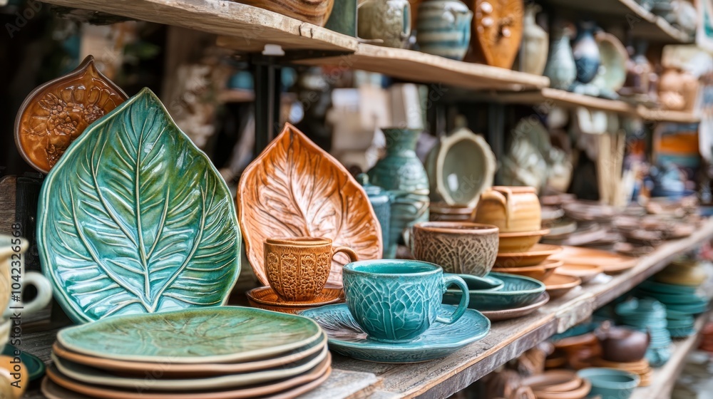 A shelf filled with handcrafted ceramic plates, bowls, cups, and vases in various colors and designs. A shelf filled with handcrafted ceramic plates, bowls, cups, and vases in various colors and designs.