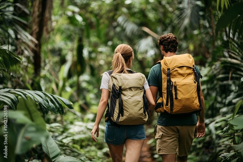 Young couple with backpacks, wearing casual attire, hiking through a lush tropical forest on an island 1