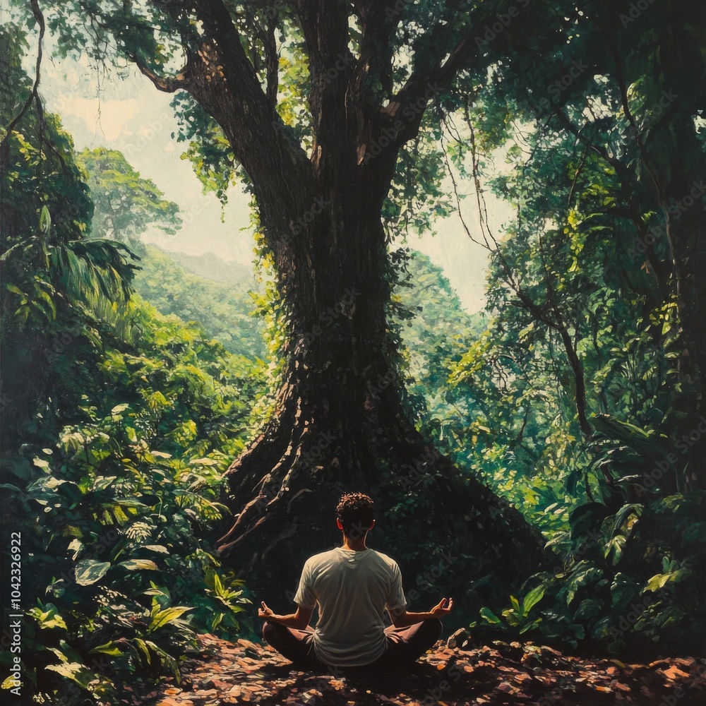 Fototapeta premium A Man Meditating in a Lush Rainforest Setting