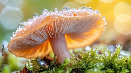 Glowing Mushroom with Water Droplets on a Forest Floor