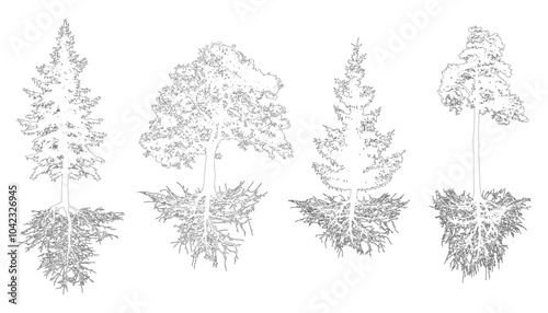 Set of trees with roots, contour. Pine, spruces, oak with rootage. Vector illustration.