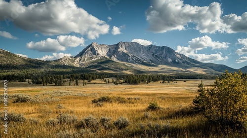 A majestic mountain peak rises above a golden field with a blue sky and fluffy white clouds.