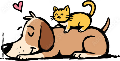 Hand-Drawn Cartoon Illustration of a Dog and Cat in Affectionate Pose