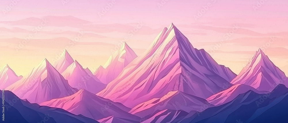 A serene mountain landscape at dawn, featuring peaks bathed in soft pink and purple hues against a pastel sky.