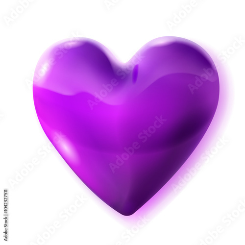 Large beautiful purple heart with glares and soft shadow, isolated on white background