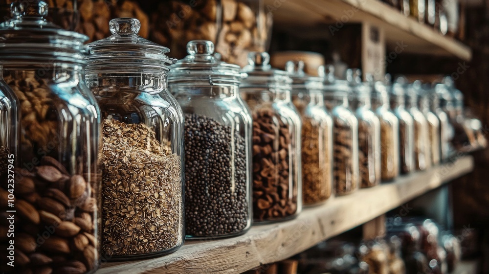 Glass jars filled with various grains and nuts in rustic store Glass jars filled with various grains and nuts in rustic store