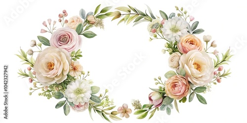 Delicate floral wreath with pastel blooms and foliage on white background