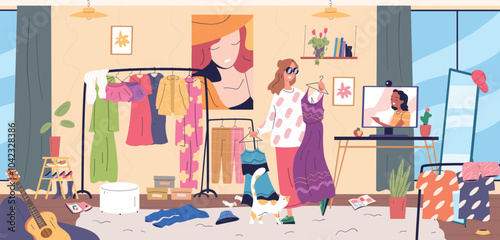 Personal stylist online. Professional clothing consultant consulting customer, woman choose outfit fashion wardrobe guidance recommendation in computer, classy vector illustration