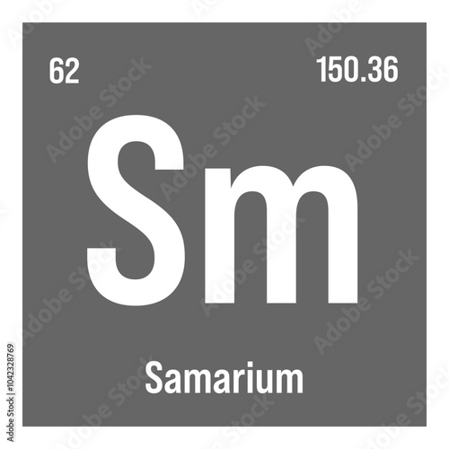 Samarium, Sm, periodic table element with name, symbol, atomic number and weight. Rare earth metal with various industrial uses, such as in magnets, lighting, and as a component in certain types of