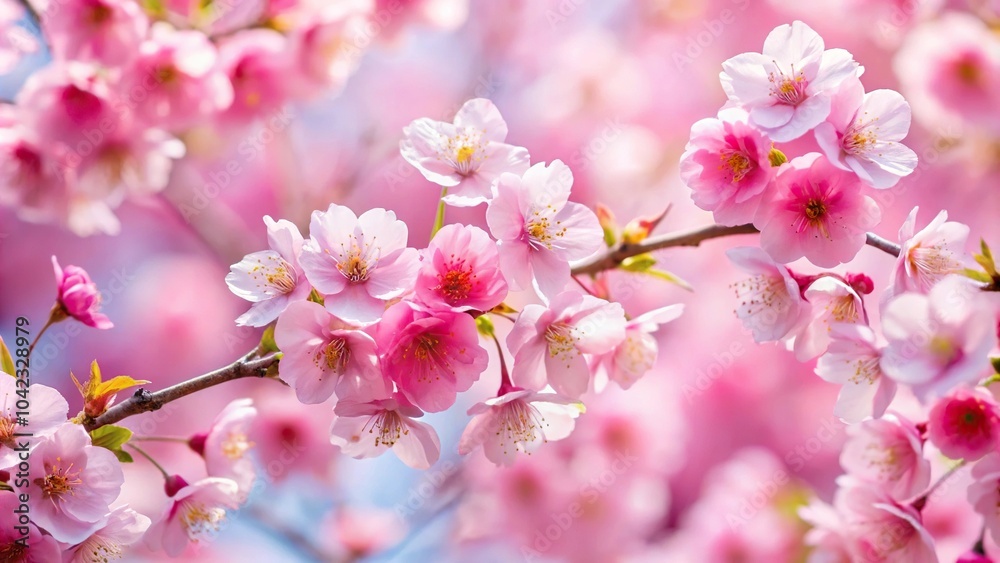 Delicate pink cherry blossoms in full bloom from high angle Delicate pink cherry blossoms in full bloom from high angle
