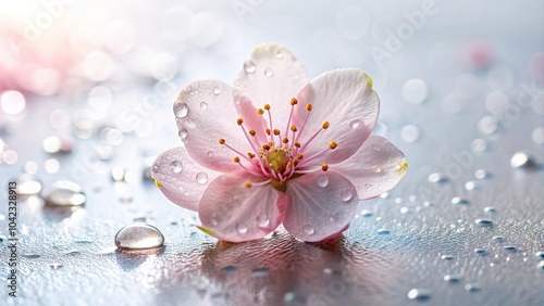 delicate pink cherry blossom flower with dew drops on white surface