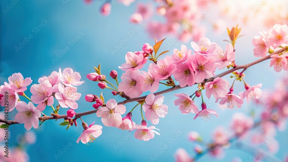 Fototapeta premium Delicate pink flowers on branch reaching to blue sky